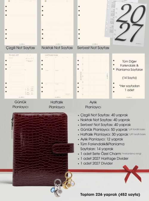 2027 hazır planner seti Garnet Croco: bordo kroko A5 kılıf, iç sayfalar, 2027 ayırıcıları ve charm