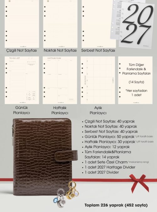 Mocha Croco A5 planner seti: koyu kahve kroko kılıf, 2027 iç sayfaları, ayırıcılar ve charm